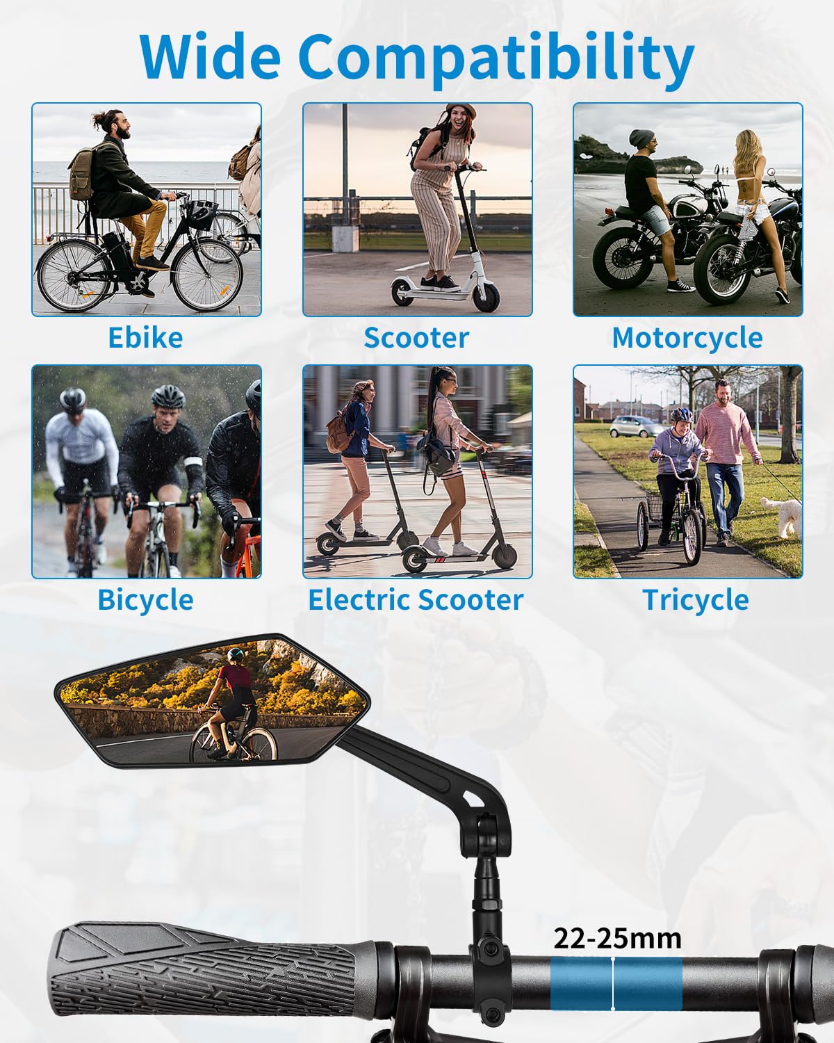 2 Pezzi Specchietti Bici 360°, Regolabile Ruotabile Specchietto Retrovisore, Universale Specchietto Retrovisore Bici per Bicicletta, Elettrico, Moto, Bicicletta Elettrica per Manubrio da 22-25 mm