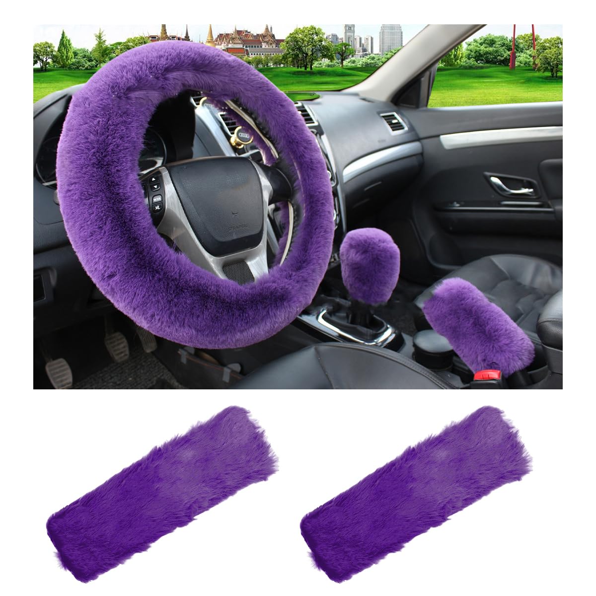 5 PCS Fluffy Steering Wheel Covers Set, Faux Wool Steering Wheel Cover & Handbrake Cover & Gear Shift Cover & 2 Seat Belt Shoulder Pads, Universal Car Accessories (Purple)