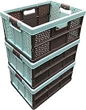 keeeper 3 x 32 Litre Extra Strong Folding Plastic Stacking Storage Crates Box - 30KG LOAD CAPACITY PER BOX - SOFT HANDLES, Blue/Brown