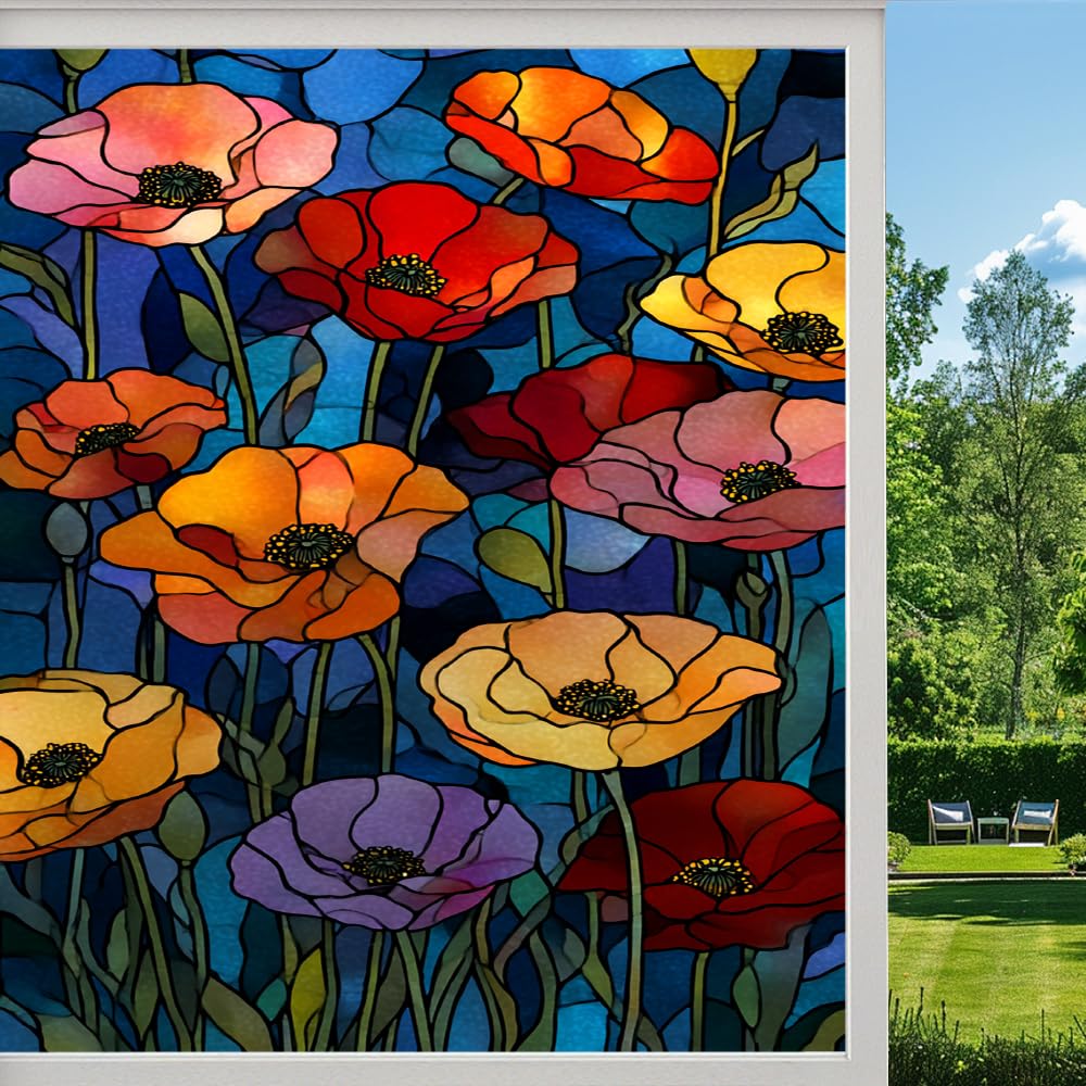 Pmlbaous Vintage Flowers Privacy Window Film, Colorful Wildflowers Poppies Frosted Self-Adhesive Vinyl Cling For Glass Doors Bathroom Windows Sun Blocking Heat Control, （55X100cm）