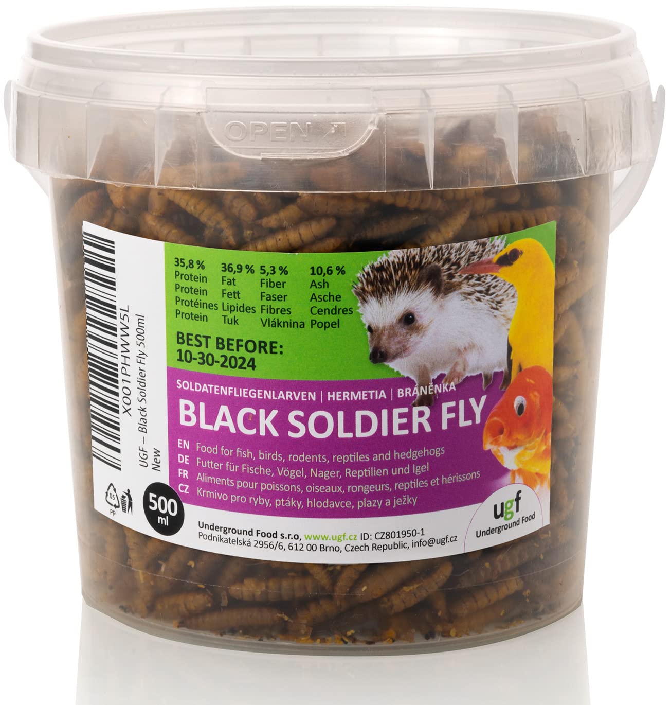 UGF - Larve di mosca soldato essiccate - 75 g in un secchio da 500 ml, Hermetia (simili ai vermi della farina), cibo per uccelli selvatici tutto l'anno, cibo per ricci, quaglie, criceti, pesci