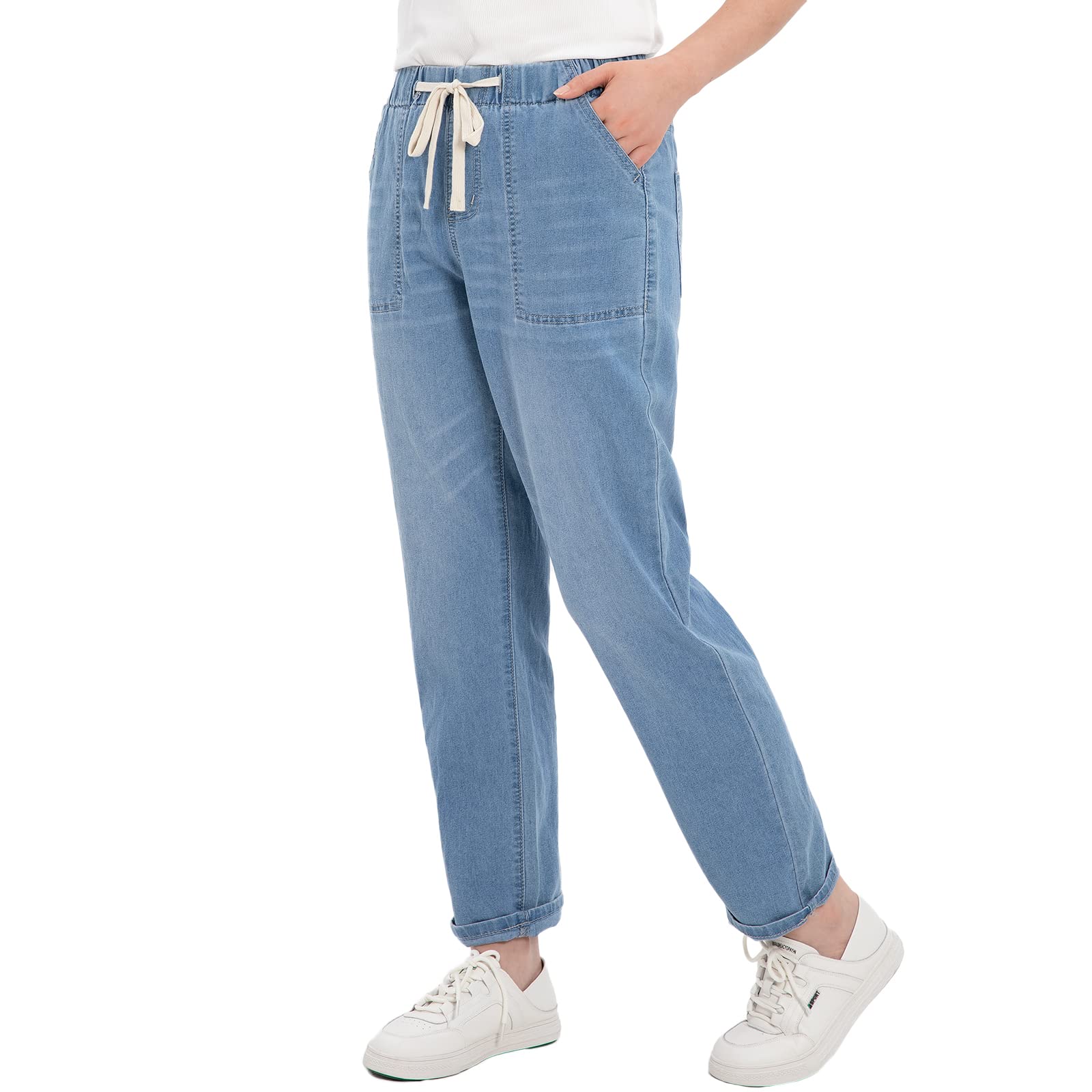 ThCreasa Womens Casual Elastic Waist Pull On Jeans Lightweight Drawstring Denim Pants