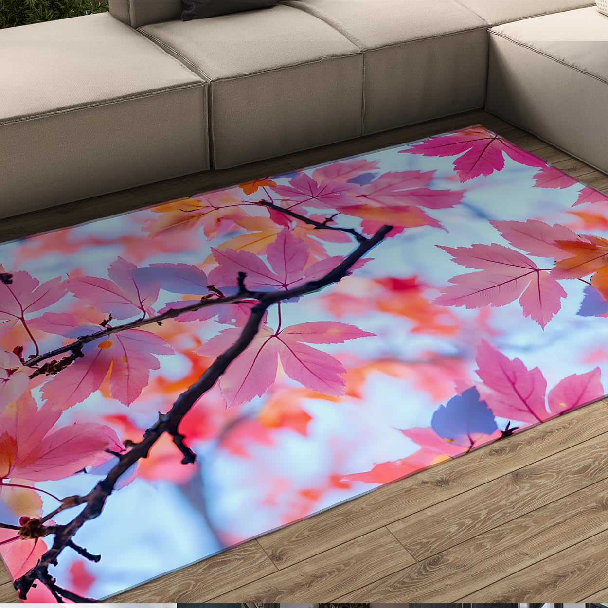 Tapis de salon 140x200 lavable à motif de feuilles d'érable roses