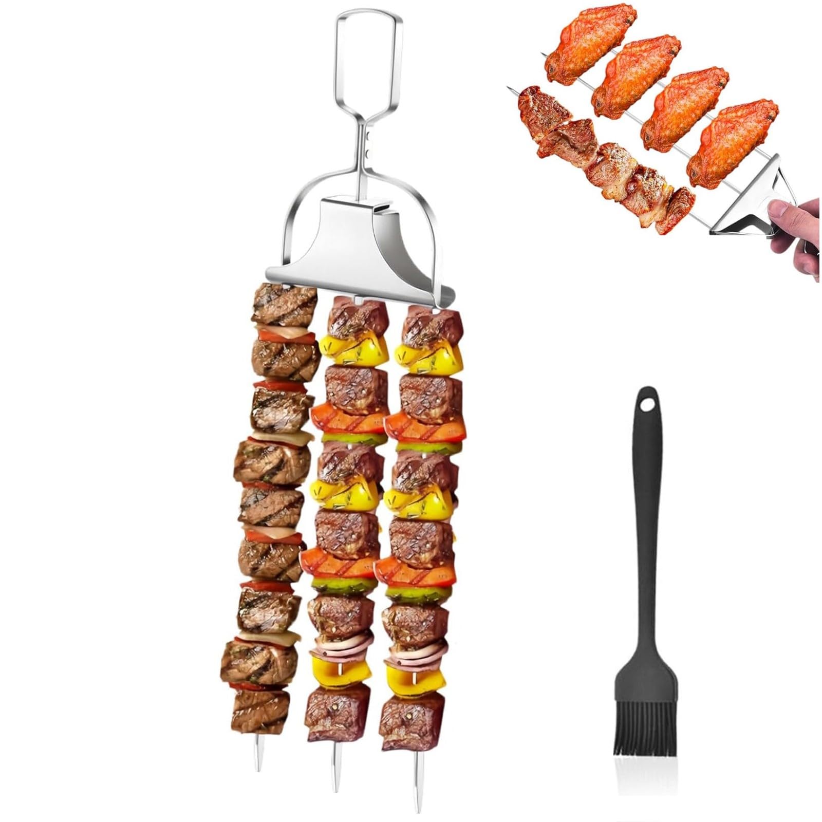 3-Way BBQ Skewers, Grilling Skewers Kit, Stainless Steel Grill Skewers with Push Bar Slider, Kabob Sticks for Meat, Chicken, Sausages, Veggies (1PCS)