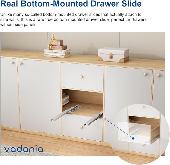 VADANIA Soft Close Undermount Drawer Slide 350mm #BK54, Bottom Mounted & Bottom Support, 40kg Load, Full Extension, Invisible Drawer Slies,1 Pair