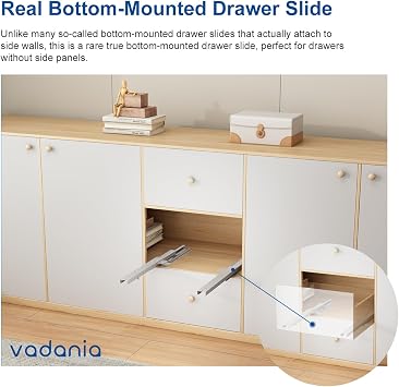 VADANIA Soft Close Undermount Drawer Slide 350mm #BK54, Bottom Mounted & Bottom Support, 40kg Load, Full Extension, Invisible Drawer Slies,1 Pair