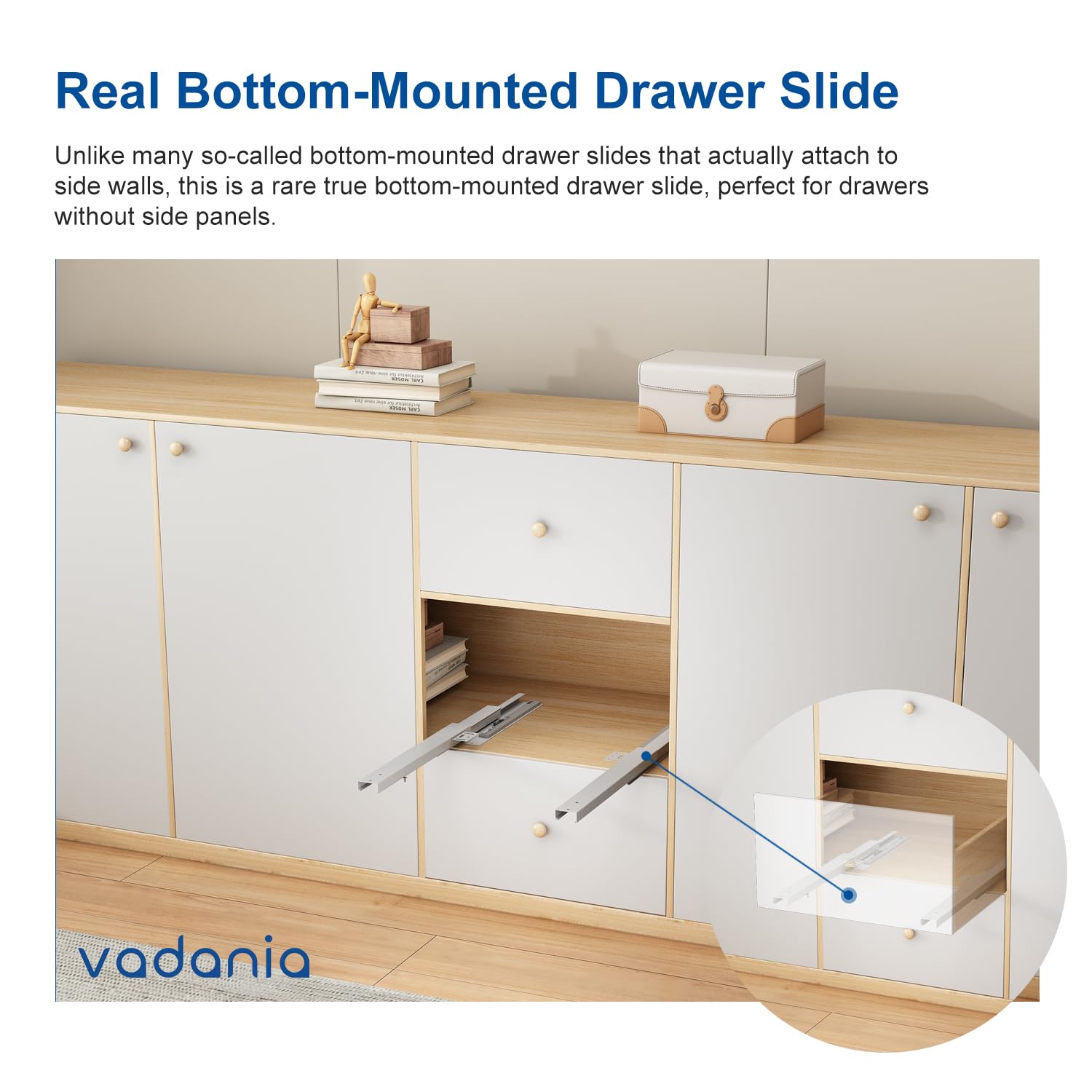 VADANIA Unterflurführung Bodenmontage, Soft Close, 40 kg Tragkraft, 3-facher Vollauszug, 450mm unsichtbare Schubladenführungen, 1 Paar