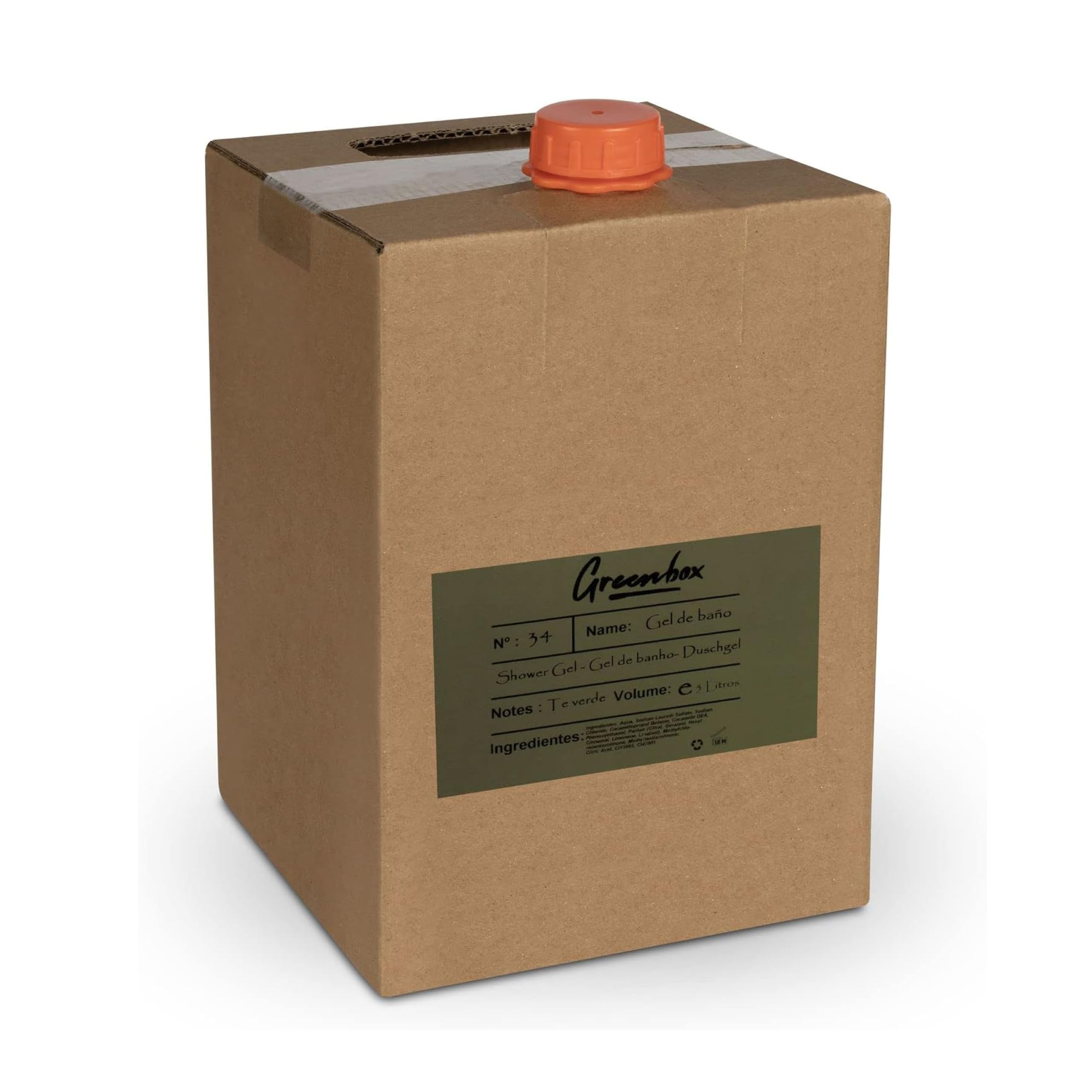 Ricarica gel doccia in "bag in box" BIO - gel doccia idratante all'aroma di tè verde, 5L. Imballaggio ecologico e maniglia per il trasporto. Risparmia denaro e aiuta l'ambiente.