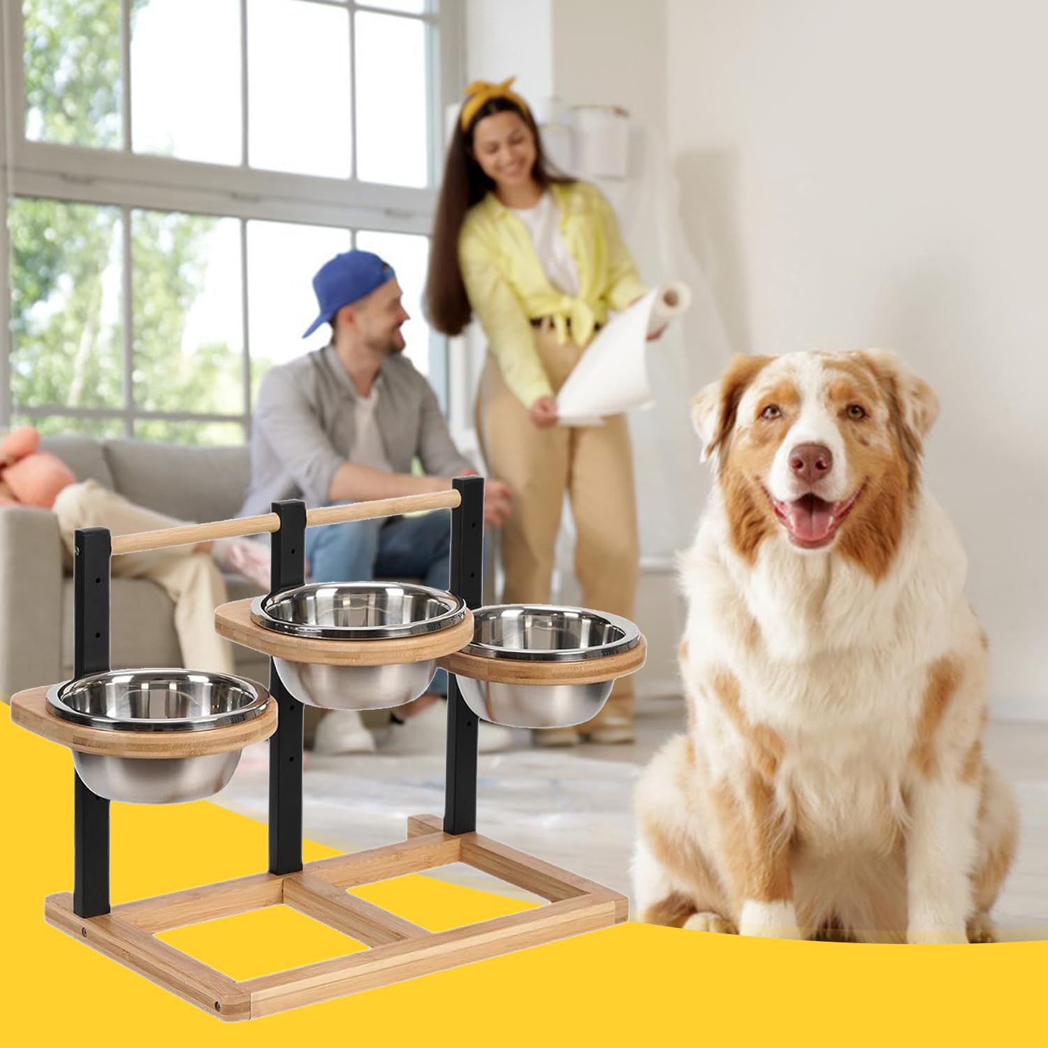 Comedero para perros elevado para perros, altura ajustable de madera, comedero para perros con 3 cuencos de acero inoxidable y alfombrilla a prueba de fugas, comedero mediano para perros grandes