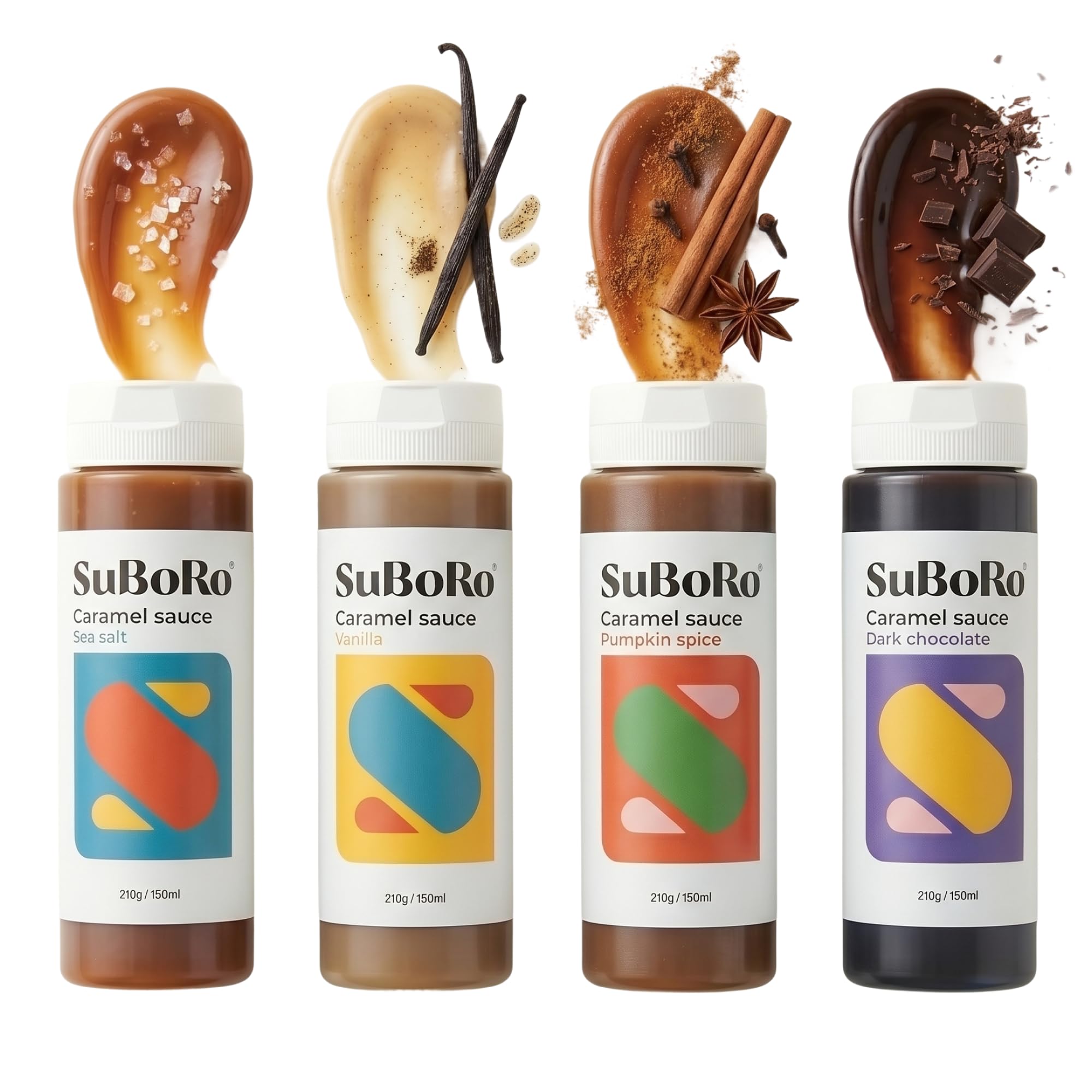 Suboro Karamellsauce 4er-Pack Mini 4 x 210 ml Probier- & Geschenkset mit Meersalz Vanille Zartbitterschokolade Pumpkin Spice