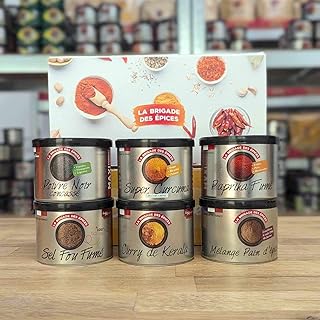La Brigade des Épices - Coffret de 6 épices - Curry de Kerala, Curcuma, Paprika Fumé, Poivre noir concassé, Sel Fou Fumé & Épices à pain d'épices - Fabriqué en France