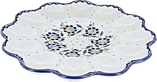 Blue Rose Polish Pottery - Yellow Sunflower Egg Plate - 10" Diameter - Hand-Painted Polish Pottery Ceramic Deviled Egg Platter for Serving, Entertaining & Holidays