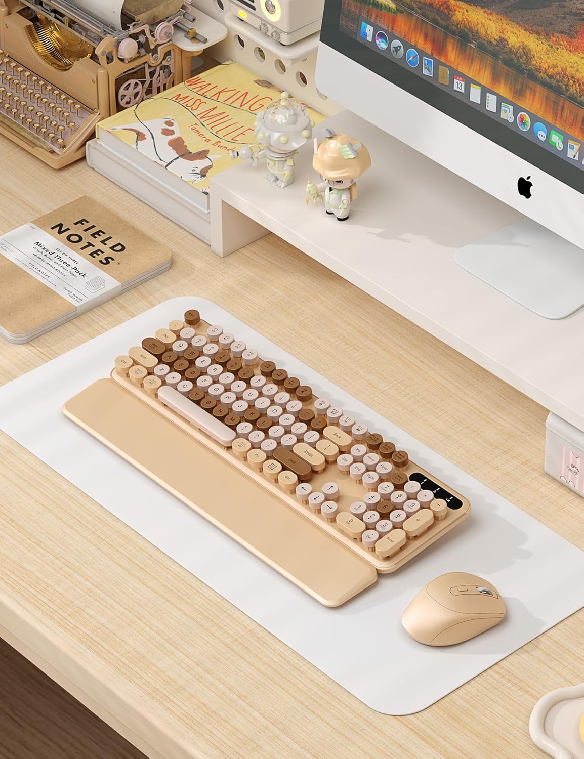 Wireless Keyboard and Mouse Combo - Cute Typewriter Keyboard with Detachable Wrist Rest, Retro Round Keycaps, Foldable Legs, 2.4GHz Full-Size Keyboard for PC, Laptop, Mac, Windows - Trueque (Latte) - Image 2