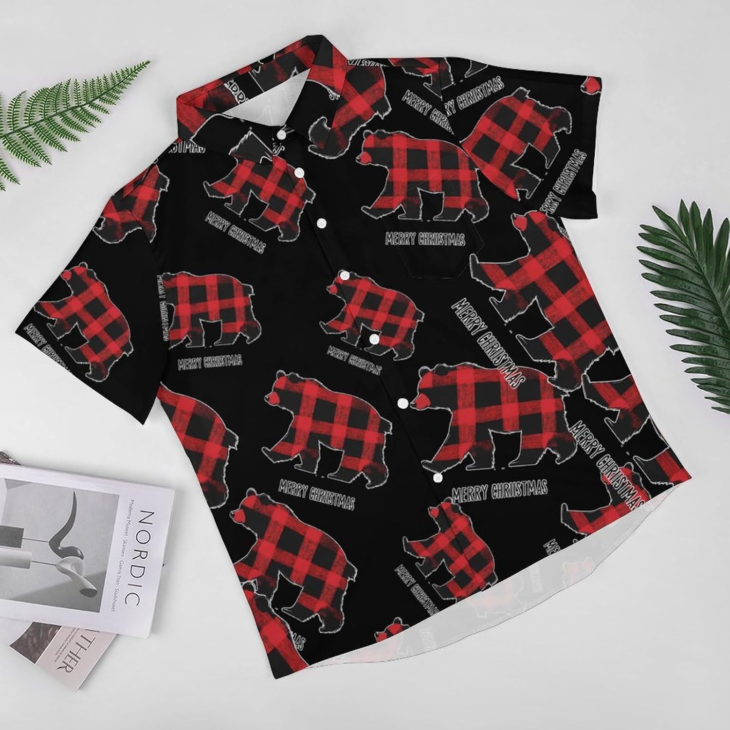 Red Black Christmas Bear Hawaiian Shirt for Men Short Sleeve Beach Shirts Casual Beach Party Clothing Tops 2XL