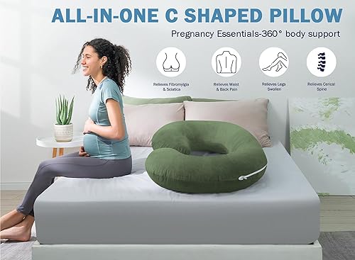 Miniatura 4 de Almohadas de embarazo de 63 pulgadas, almohada de cuerpo completo en forma de C, funda de algodón egipcio, musgo, almohadas de embarazo para dormir,