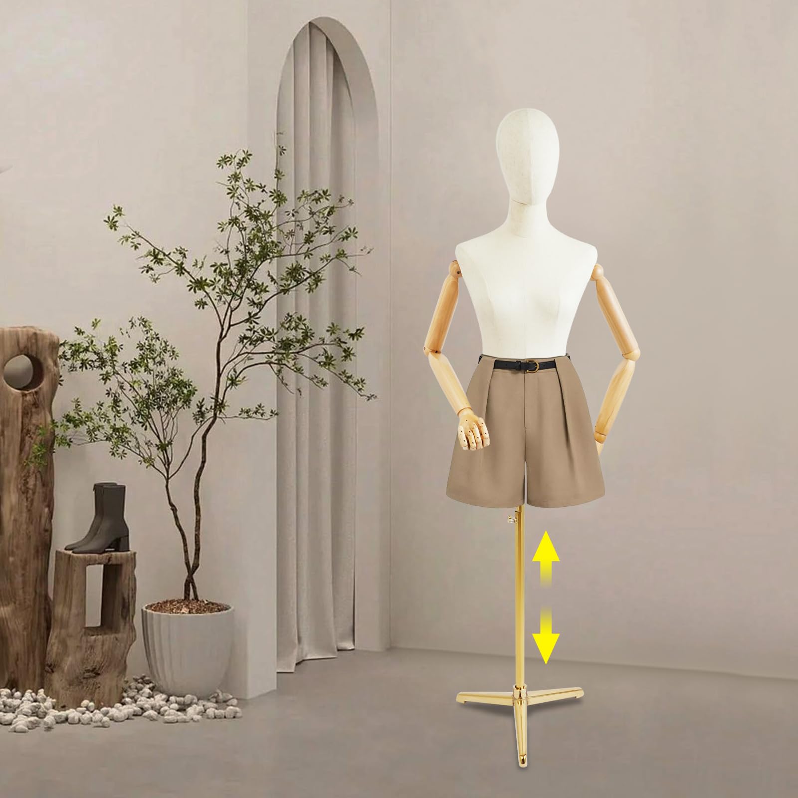 Manichino femminile display manichino corpo regolabile in altezza con braccia flessibili (oro, 157-215 cm)