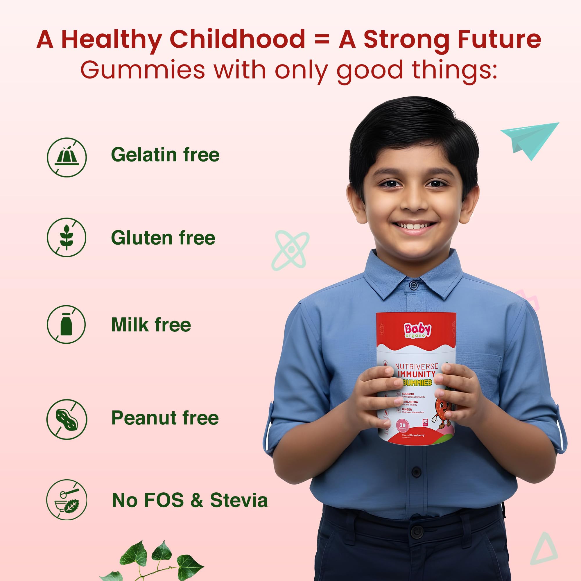 BabyOrgano Nutriverse Immunity Gummies for Kids (2-15 Years) | 4+ Ayurveda-Inspired Herbs | Boosts Stamina, Energy & Vitality | Gelatin-Free, Gluten-Free, Soy-Free | Strawberry Flavor | 30 Gummies - Image 4 thumbnail