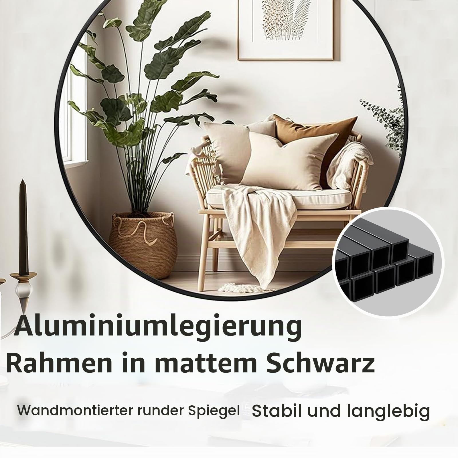 Runder Badezimmerspiegel 60 cm, schwarzer Aluminiumrahmen