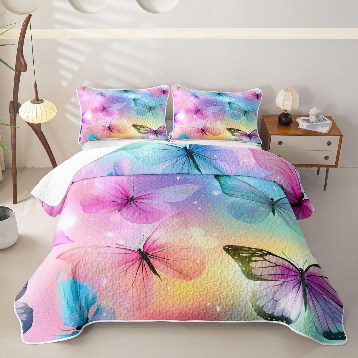 Feelyou Butterfly 3 Piece Quilt Set Full Animals Bedding Set Microfiber Lightweight Colorful Rainbow Bedspread Coverlet with 2 Pillowcases Bed Covers for All Season