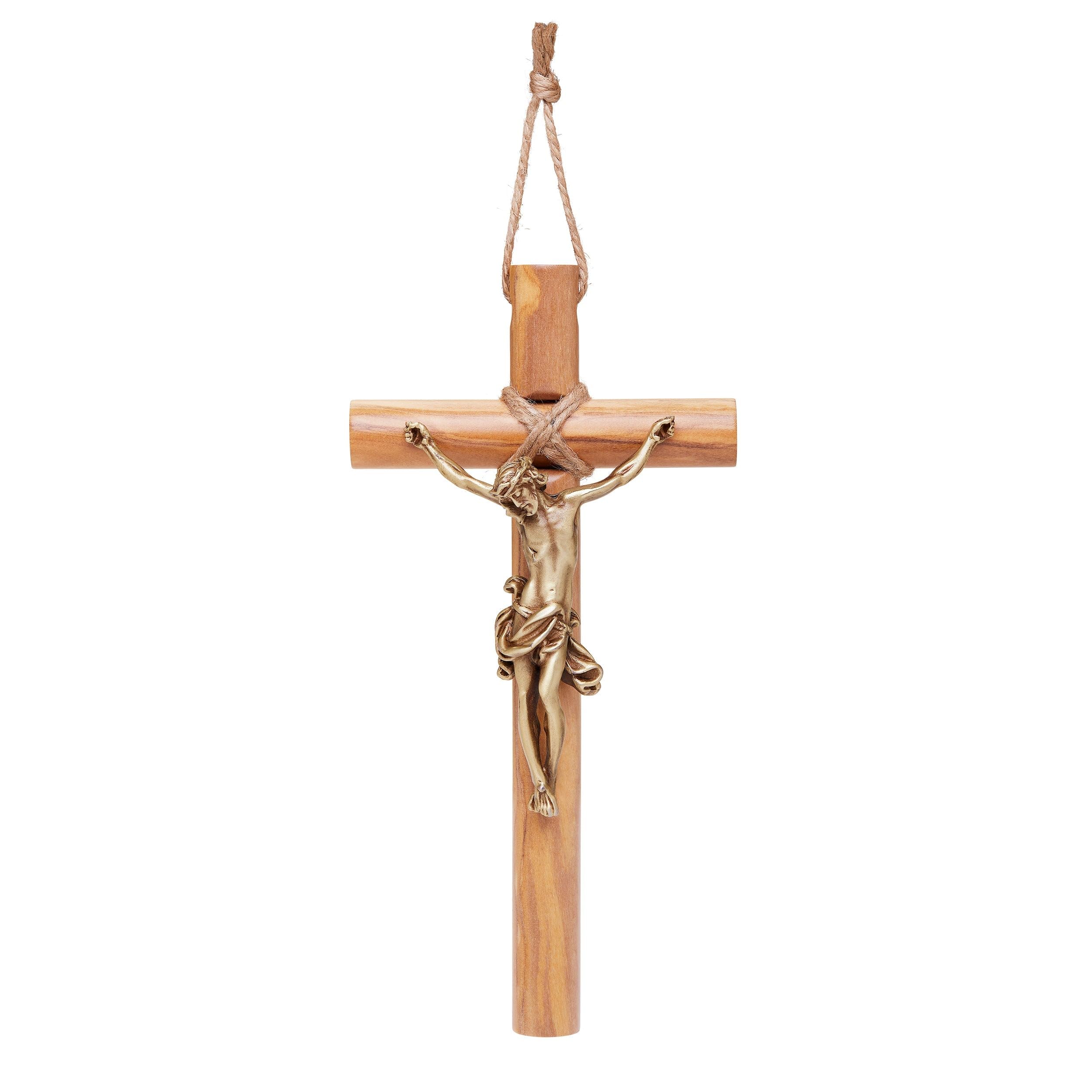 Mondo Cattolico - Crucifix Wall Cross Catholic Benedict Blessed During Pope's Angelus, Olive Wooden Wall Crucifix with Rope Hanger & Golden Corpus. Jesus Crucifix 7,85" x 3,90". Ideal Catholic Gift