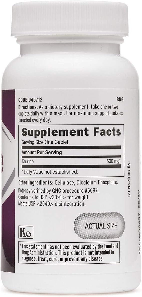 GNC Taurine 500mg, 50 Caplets, Supports Muscle Function