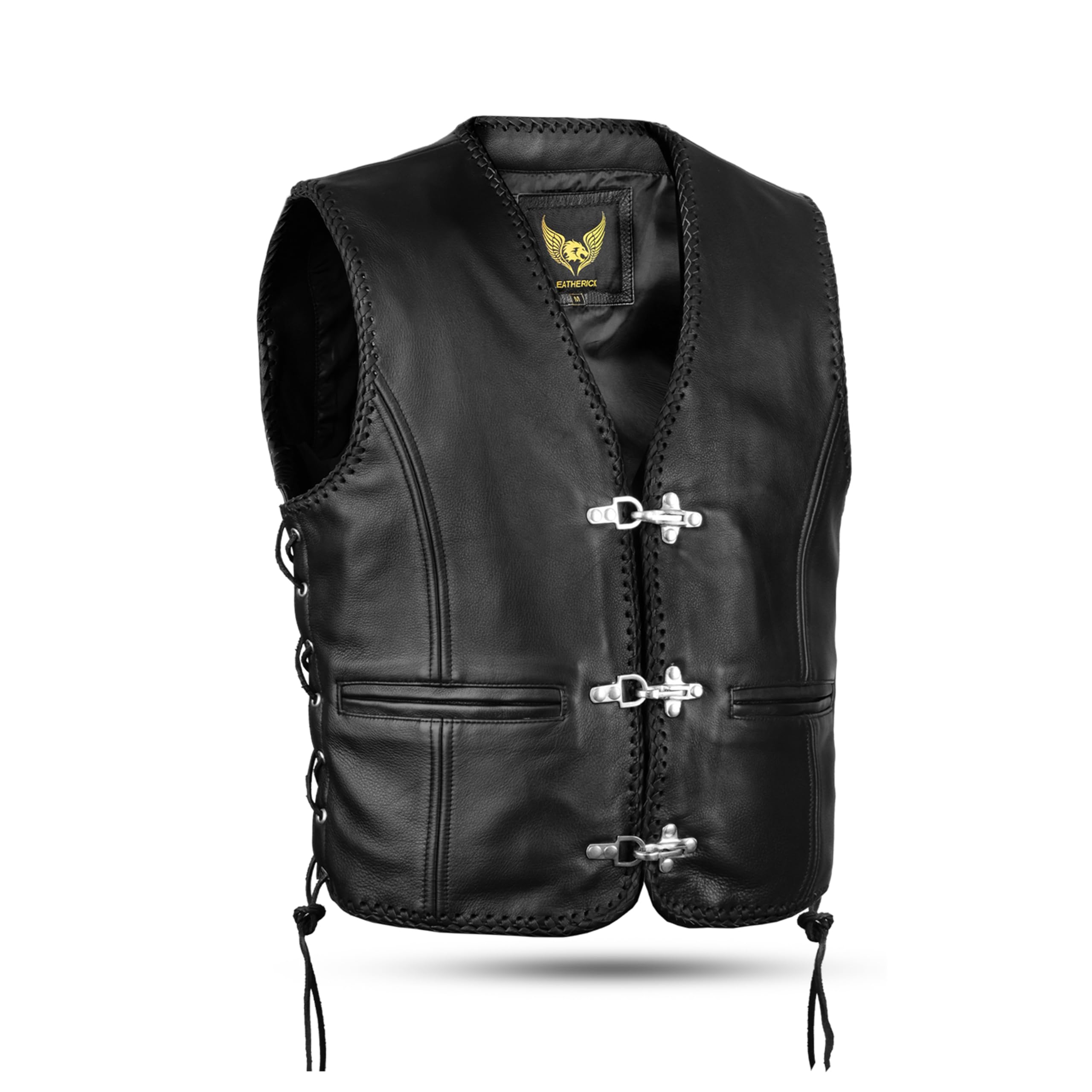 Leatherick Gilet de moto noir en cuir véritable | Gilet de motard tressé avec boucle d'hameçon