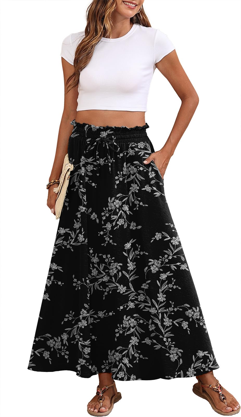 Askyes Womens Maxi Skirt Summer Tie Knot Elastic High Waisted Boho Casual Beach Flowy Swing Long Skirts with