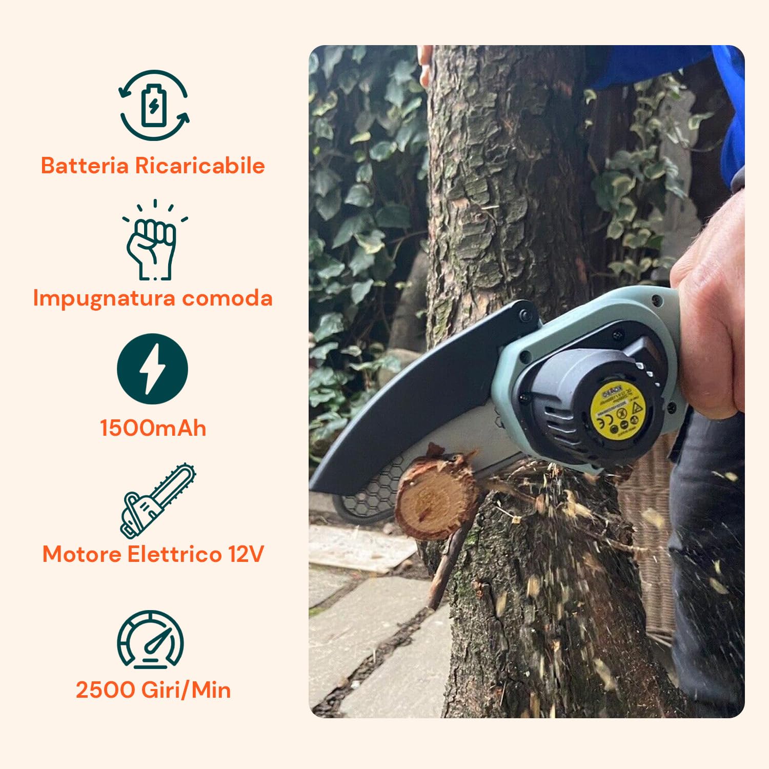 Avilia Motosierra podadora recargable con batería 12 V 1500 mAh – Ligera y manejable para jardinería doméstica