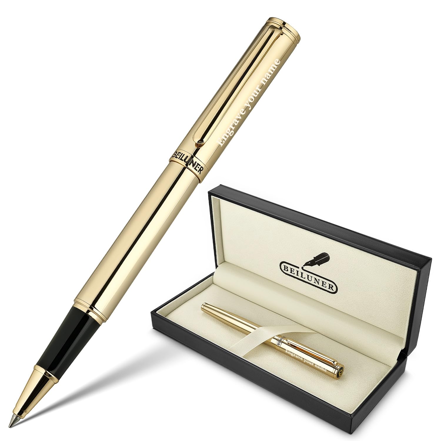 BEILUNER Luxury Personalized Gold Rollerball Pen, Stunning 24K Gold Finish, Noble and Elegant Designs,Schneider Refill, Fancy Gift Set for Men &amp; Women, Executive Writing, Office, Nice Graduation Gift