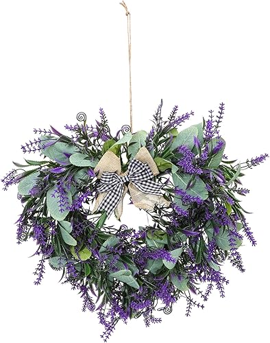 Miniatura 1 de Carteles de coche de flores moradas, corona de primavera para puerta de primavera, corona de lavanda artificial, guirnalda colgante de pared,