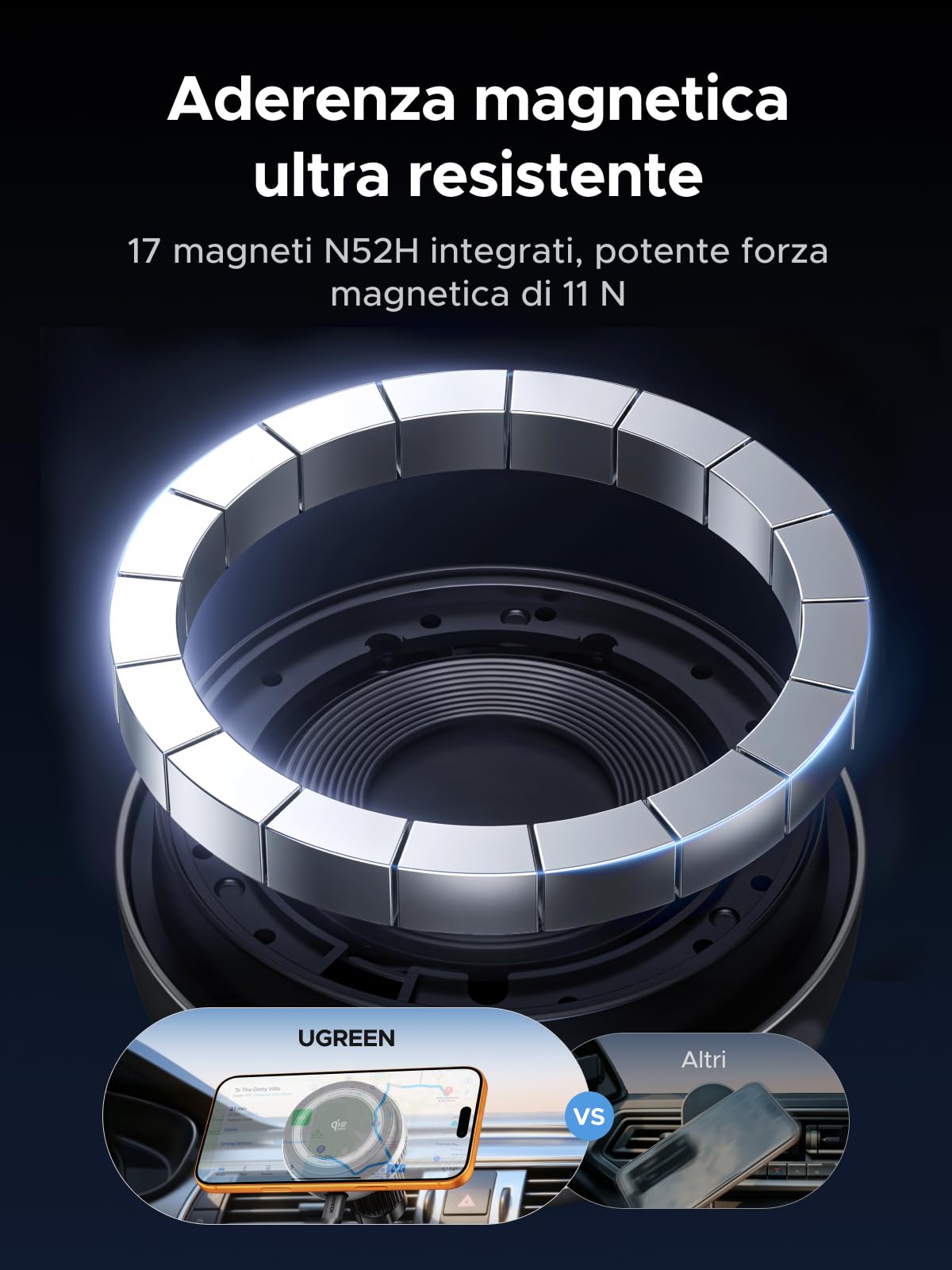 UGREEN MagFlow Pro Qi2 25W MagSafe Wireless Caricabatterie per Auto Compatibile con iPhone 17 16 15 14 13 12 Pro Max Air Plus, Raffreddamento TEC con Ventola Integrata, Montaggio su Bocchetta