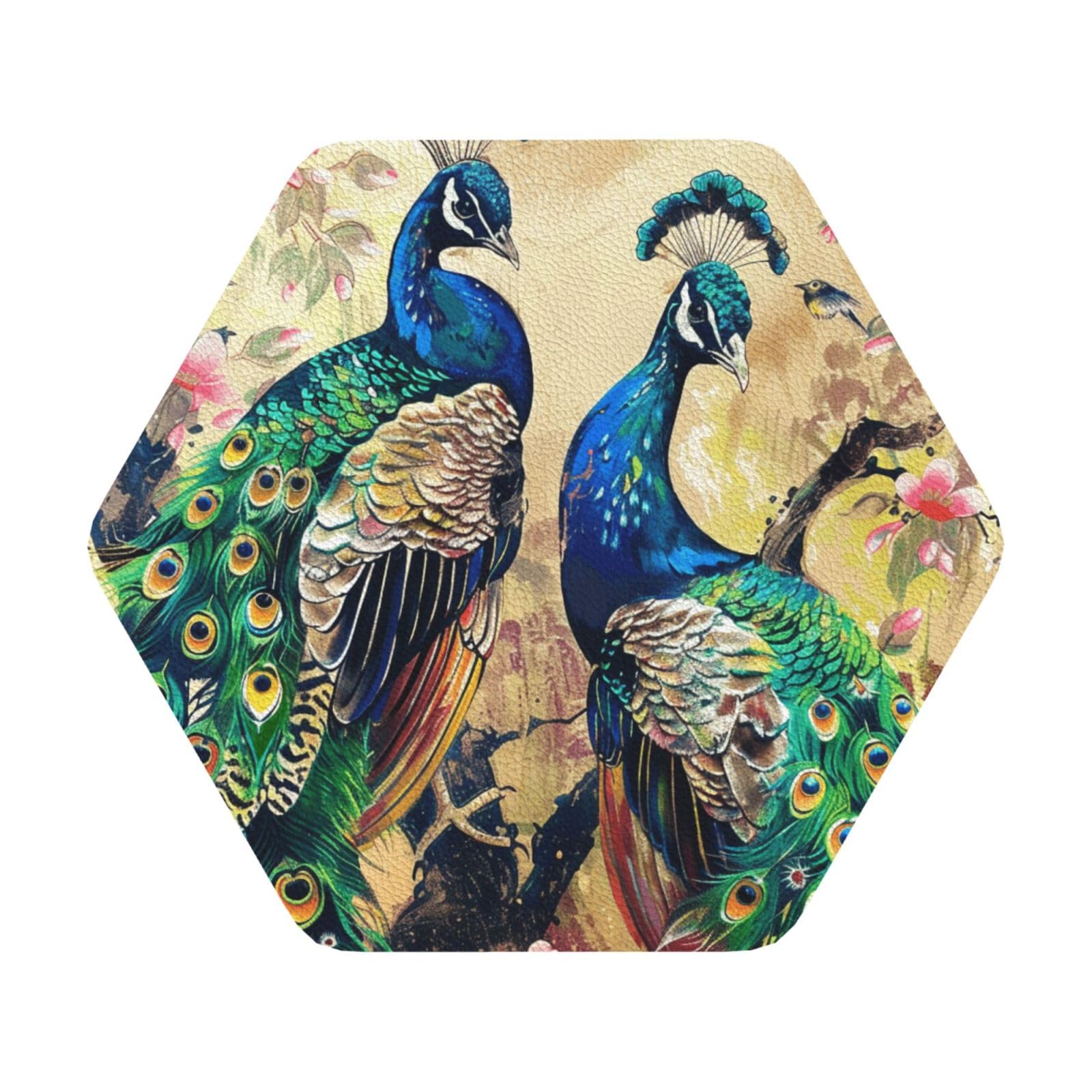 Peacocks Print Leather Coaster Set of 6, Hexagon Coasters Table Decorative Coffee Cup Beverage Coasters Wine Beer Bar Coasters for Hot Drinks Table Protection