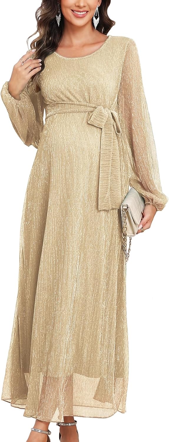 CYCLAMEN 2025 Maternity Sparkly Mesh Maxi Dress Long Sleeves Long Flowy Pregnant Dress with Belt Baby Shower Formal
