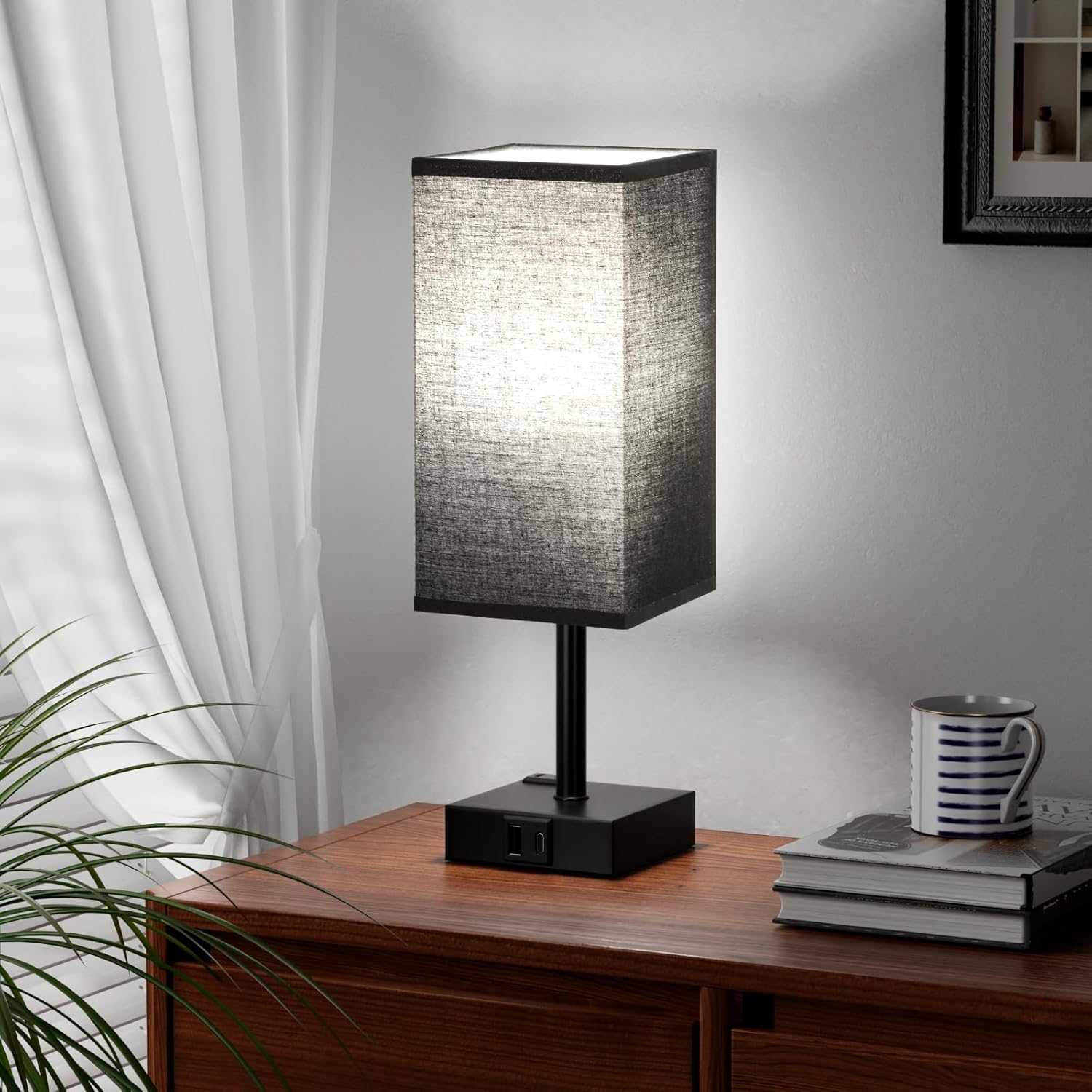 aooshine Black Lamp for Nightstand - Touch Table Lamp with Type C + A and AC Outlet, Square Charging Lamps for Bedroom Decor, Small Night Light for Office, Dorm Lamp for Men, E26 Bulb Included