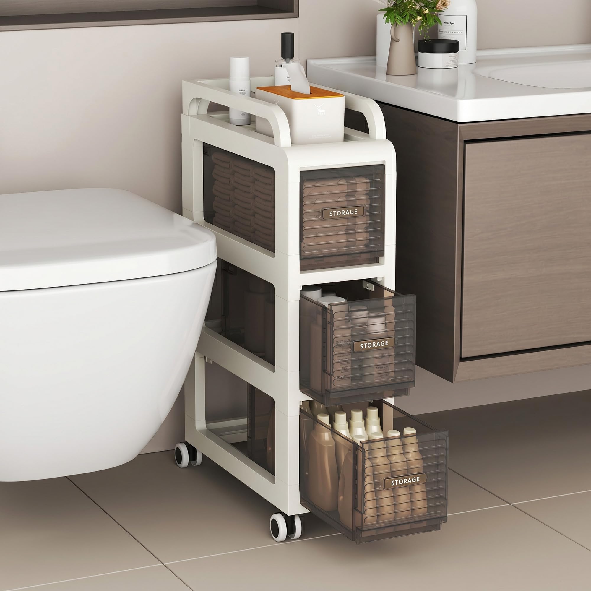 YVVVVY 20cm Bathroom Floor Cabinet on Wheels, Slim Drawer Storage Unit, Freestanding Toliet Organiser for Bathroom, Kitchen, Laundry Room (3 tiers, 20 * 41 * 66cm) — image 1