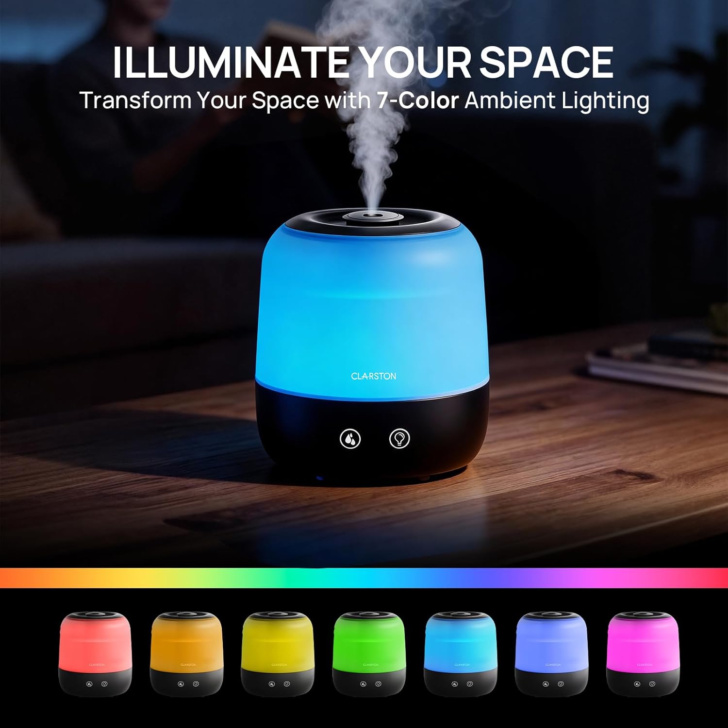 Clarston Humidifiers for Bedroom, 2L Top Fill with 360° Nozzle for Large Room, 7-Color Night Light, 24dB Quiet Cool Mist Air Humidifier for Baby Nursery & Plants, No BPA, Auto Shut Off, Easy to Clean