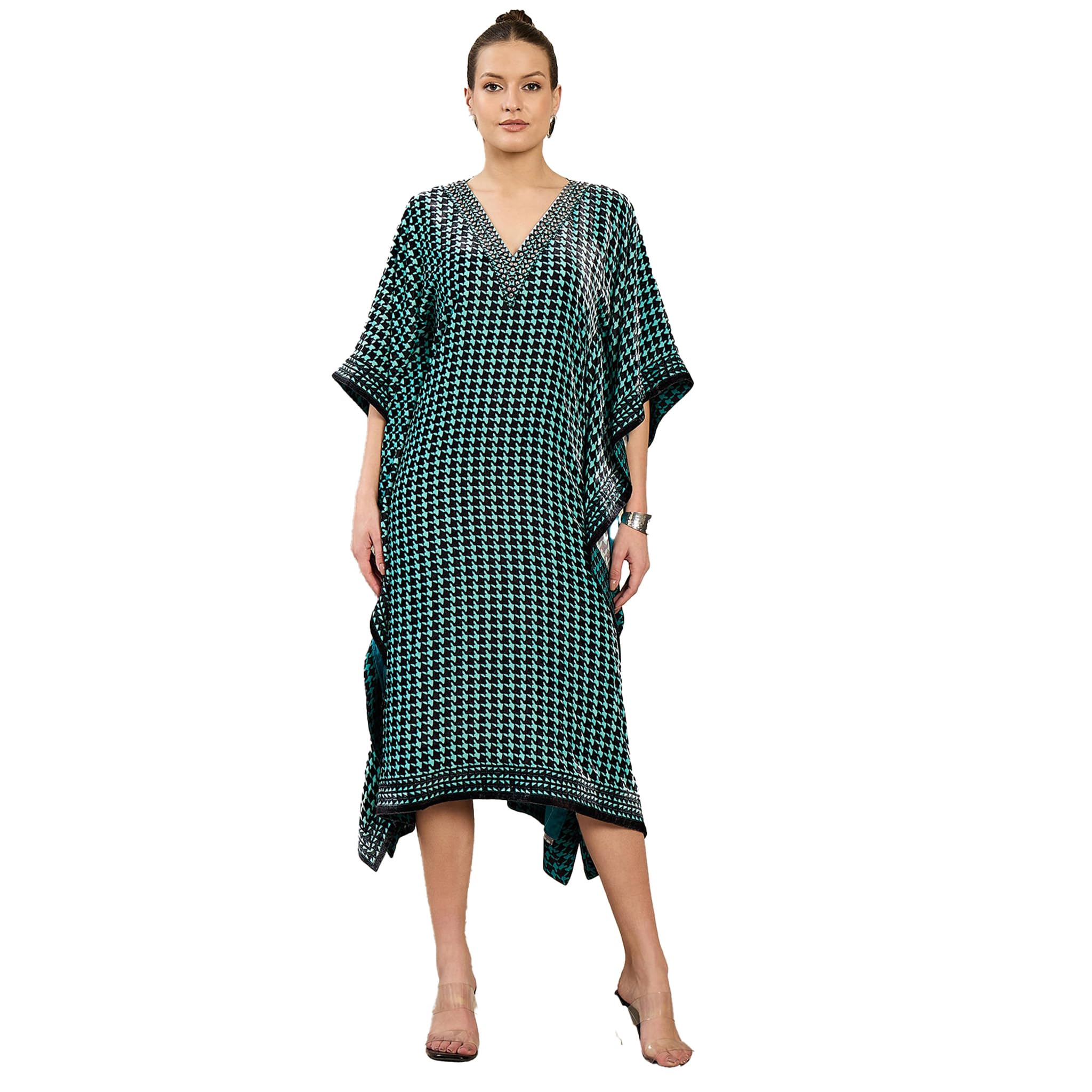 first resort Turquoise Crystal Embellished Houndstooth Silk Velvet Kaftan Tunic-picture-27