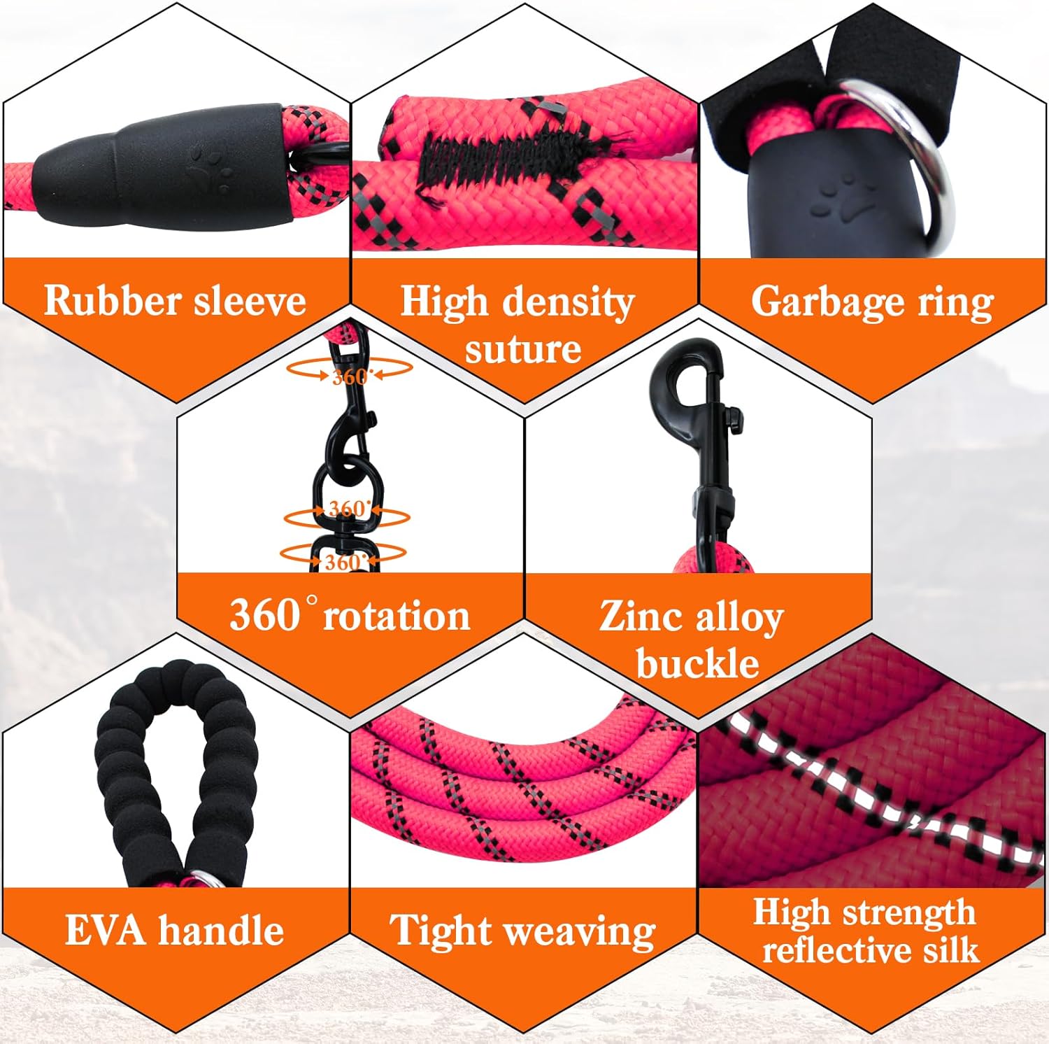 4ウェイ 絡まない犬用リード - 360&deg;回転リーシュ 4匹の犬用、反射デザイン 小型 中型大型犬用 (ピンク、4ウェイ)