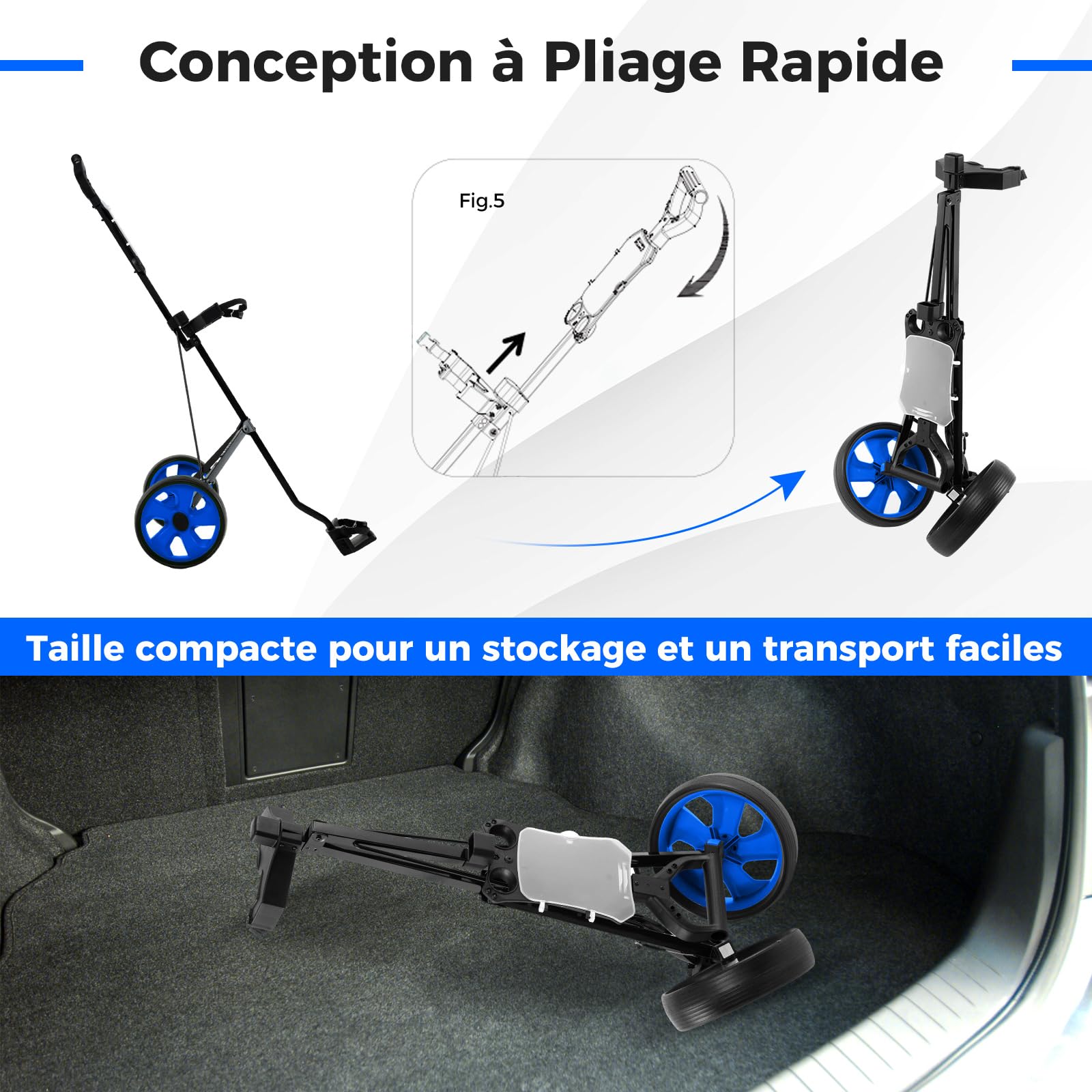 COSTWAY Chariot de Golf à 2 Roues Pliable avec Emplacement pour 4 Tees, 4 Balls et Tableau de Score, Caddie de Golf Multifonctionnel Facile à Ranger et Transporter avec Design Compact