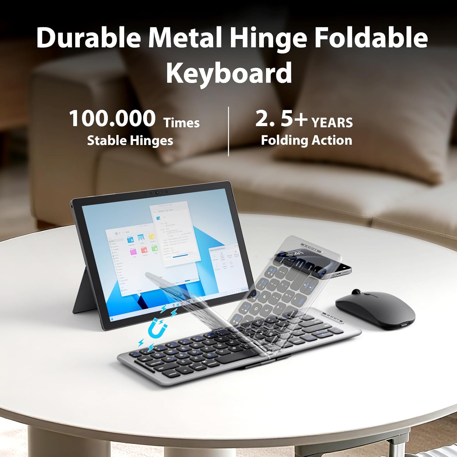 Folding & Foldable Keyboard and Mouse, Wireless Keyboard and Mouse Combo for Business Travel, 2.4G Wireless + Bluetooth 5.1, USB-C Rechargeable Portable Combo for Mac, Phones Laptop iPad Tablet