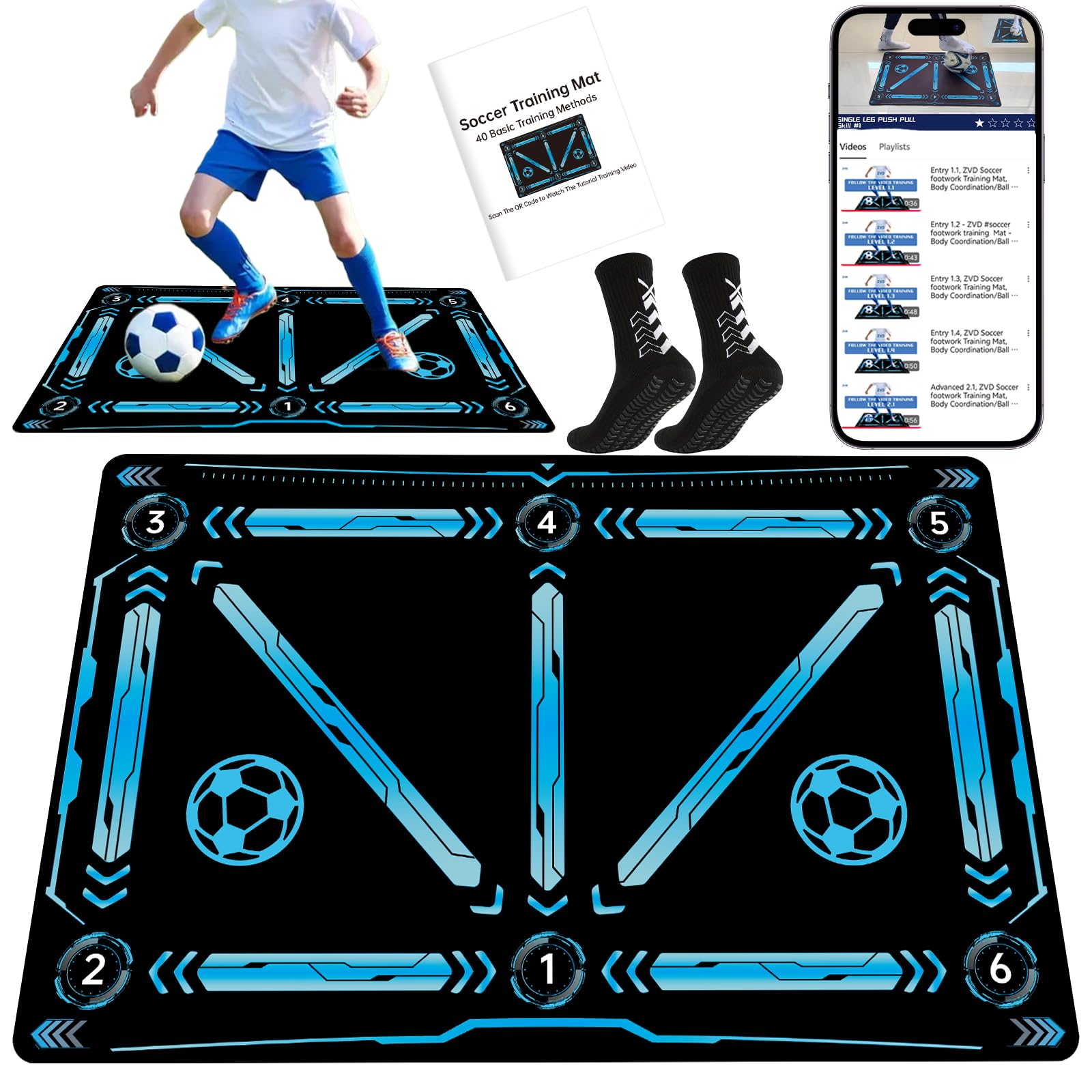 ZVD Soccer Training Mat,Non-Slip Ball Mastery Pad with Video Guides | Scan QR code for pro video tutorials. Non-Slip high-density rubber base for intense indoor solo soccer footwork practice.-image-12