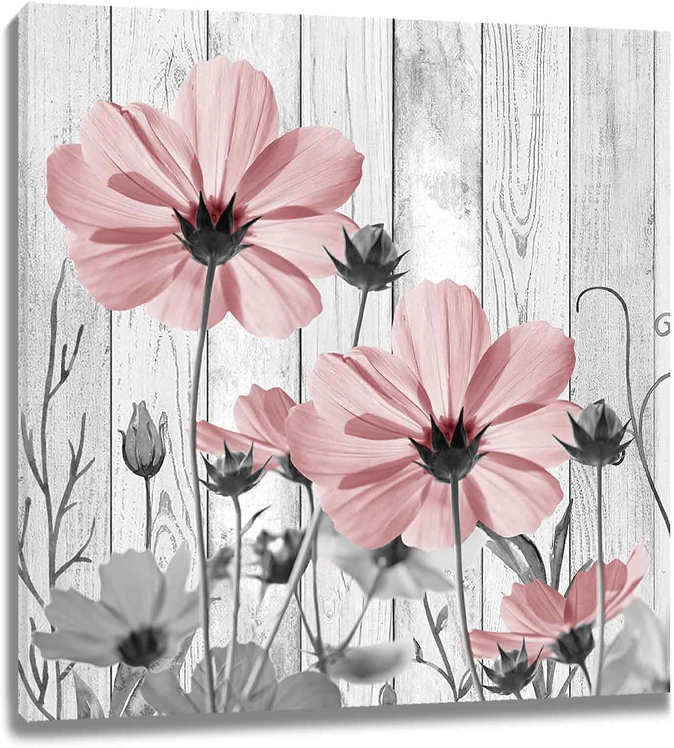 MEUNEAR Pink Floral Canvas Wall Art Funny Country Pink and Grey Flower on Wood Wall Art for Living Room, Rustic Vintage Framed Abstract Painting for Bedroom Bathroom Decor, 16x24Inches