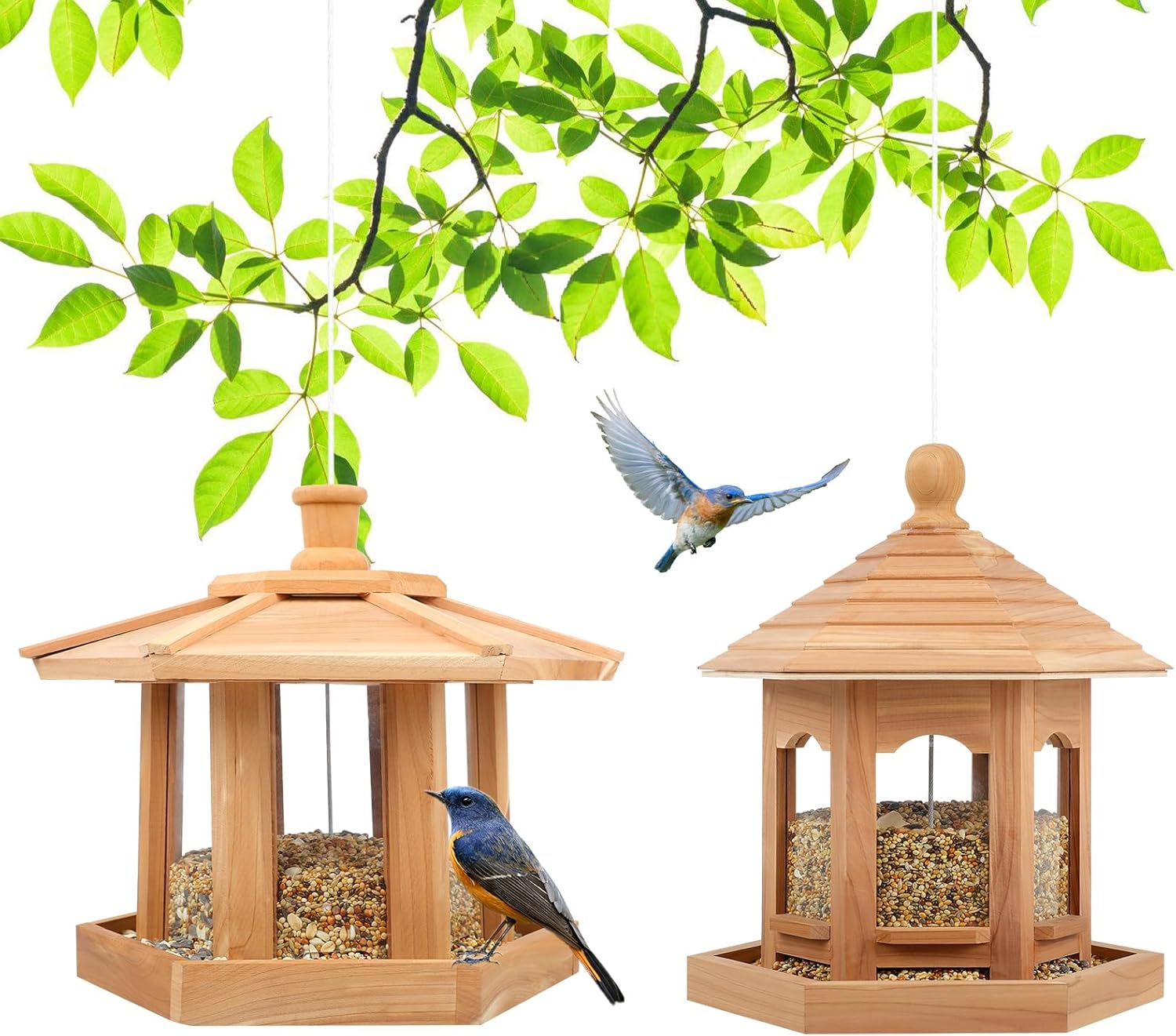 2 Pack Wooden Bird Feeder for Outdoors Hanging, Red Cedar Hexagon Shaped Large Capacity, Cardinal Birdfeeder for Garden Decoration Yard, Weatherproof and Durable