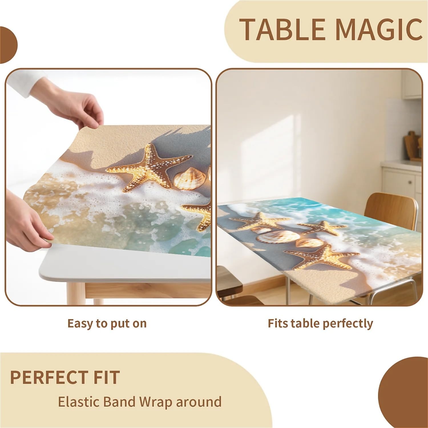 artslion Rectangle Waterproof Tablecloths Elastic Edge for Secure Fit-30 x 72 inch Wipeable Table Cover Non-PVC Fabric Seaside starfish Designs Indoor Outdoor Use - Image 2