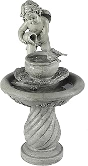 LuxenHome 34 Inch Outdoor Water Fountain, Resin Cherub Angel Water Fountains Indoor and Outdoor, Angels and Bird Garden Water Fountain, Decorative Waterfall for Backyard