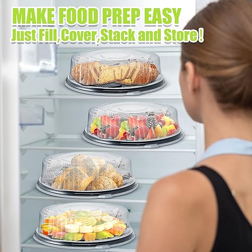 Miniatura 5 de Tessco 6 bandejas y tapa de servicio resistente, 12 hojas de papel de cera de delicatessen, platos redondos de plástico negro con tapas