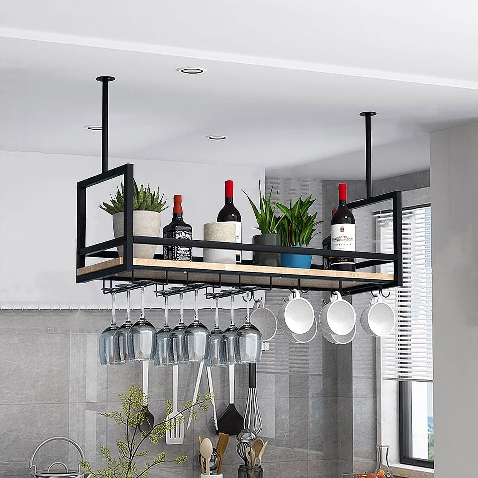 Étagères de rangement suspendues au plafond noir en fer et bois massif pour cuisine