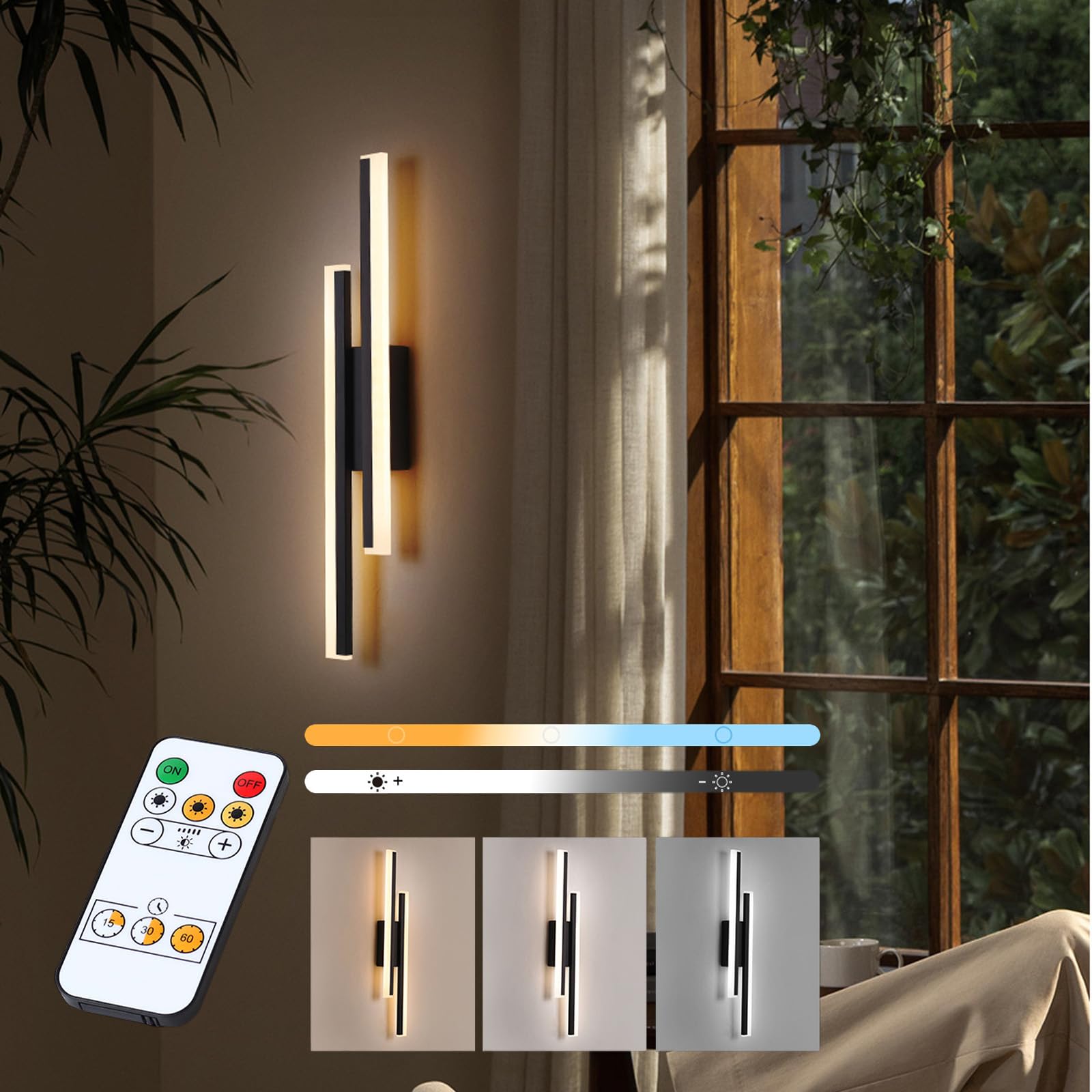 Applique da Parete Interno LED Lampada da Parete con Telecomando Dimmerabile Lampada a Muro USB Batteria Ricaricabile per Camera da Letto Soggiorno Corridoio (Nero)