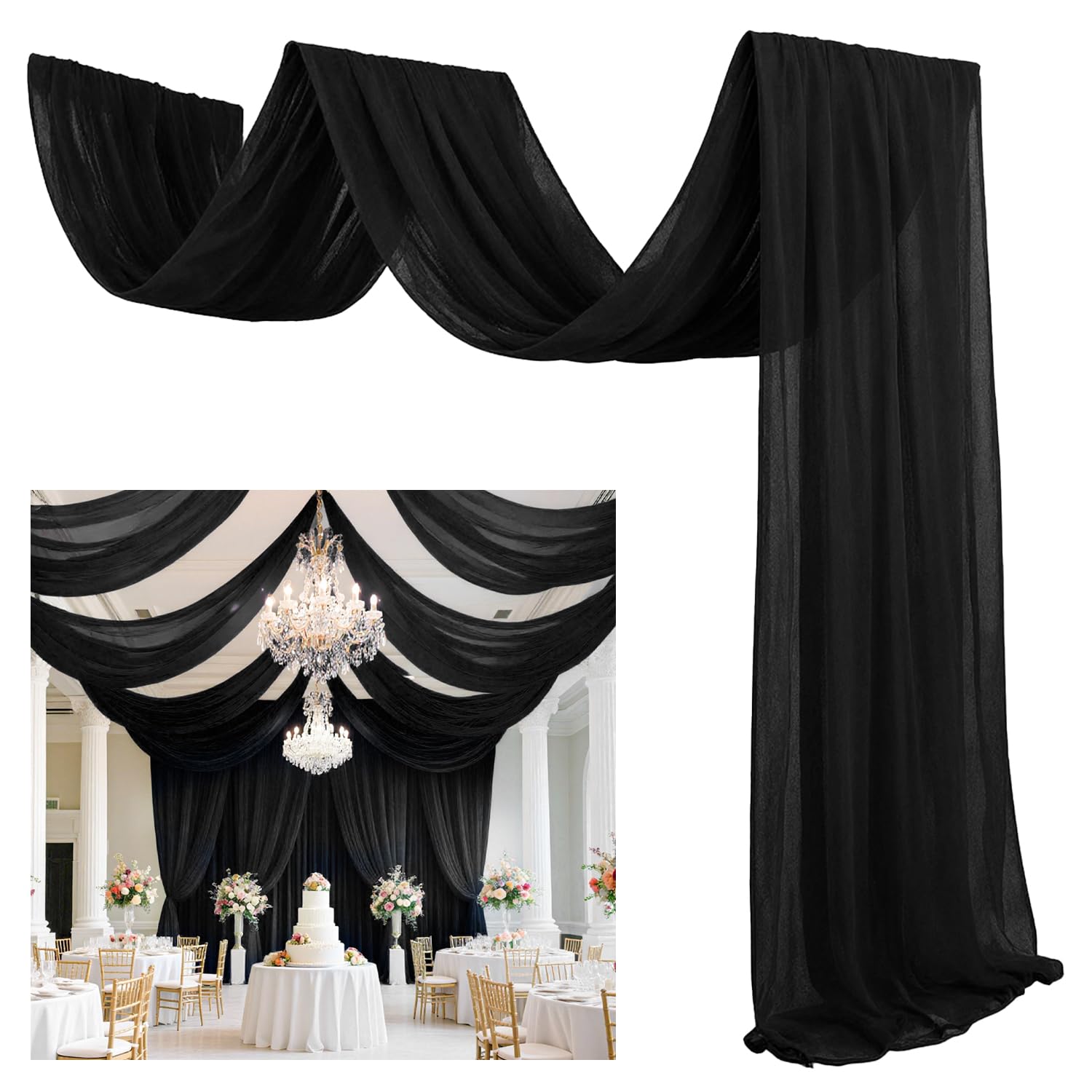FUHSY Wedding Ceiling Drapes Black Ceiling Drapes for Weddings 5FTx30FT 2 Panels Wedding Arch Drapery Ceiling Fabric Draping Fabric Sheer Voile Curtain Arch Drapes for Ceremony Outdoor Indoor