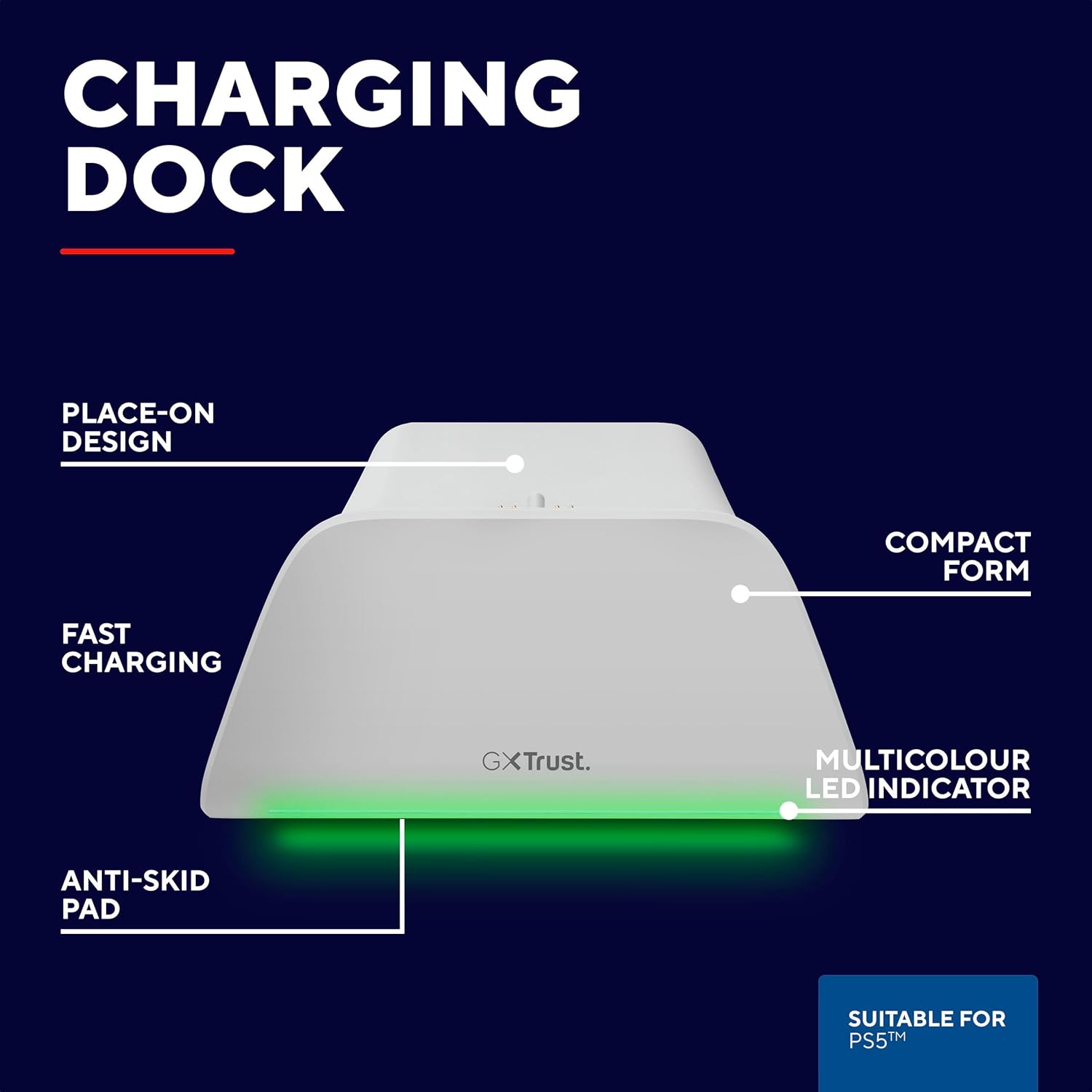 Trust GXT 255W PS5 Controller Charging Station for DualSense, Playstation 5 Controller Holder for Charge Controller with Place-On Design, LED Lighting, Non-Slip Pad, USB-C Cable, PS5 Accessories